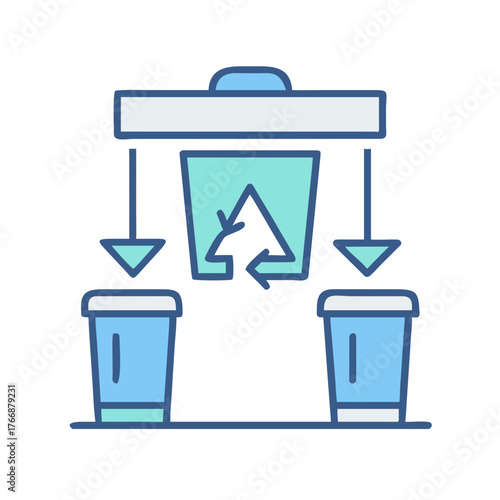 Recycling process illustration showing containers with arrows indicating waste segregation