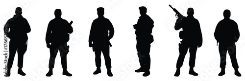 Soldier silhouettes set – army military men, standing pose vector, defense force illustration