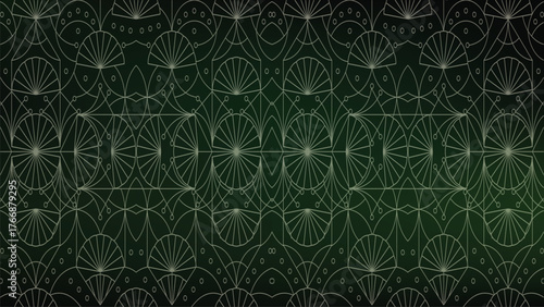 Intricate Geometric Art Deco Pattern with Fanned Motifs Circles Green Gradient