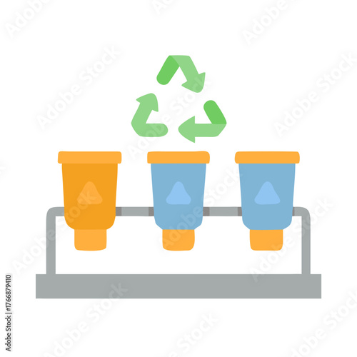 Flat Illustration of Recycling Bins with Color Coding and Recycle Symbol