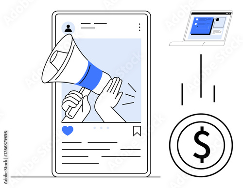 Hand holding megaphone emerging from mobile social media interface with coin and laptop. Ideal for marketing, branding, business growth, e-commerce, advertising, online promotion, simple flat