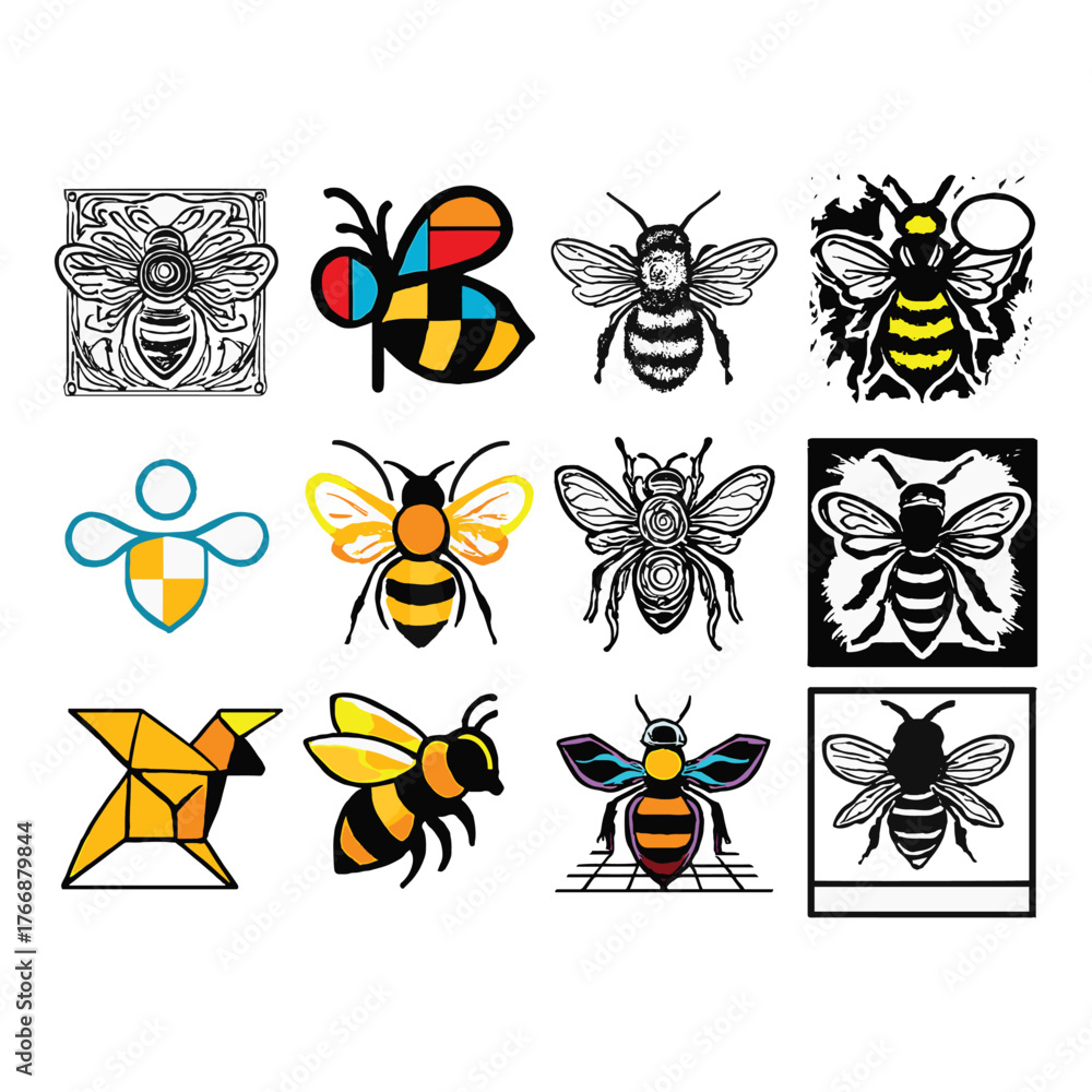 Obraz premium Collection of diverse artistic bee illustrations featuring geometric and stylized designs in various styles