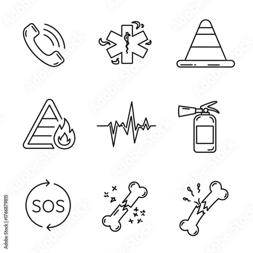 A comprehensive collection of essential line icons representing various emergency situations, medical assistance, and safety precautions for public awareness.