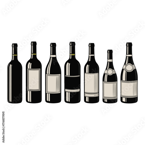 Collection of assorted wine bottles with blank labels on a white background studio shot
