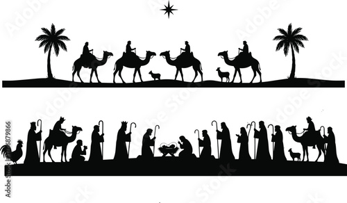 Nativity silhouette illustration with manger scene, three wise men, holy family, Christmas religious icon design, cad drawing flat vector illustration