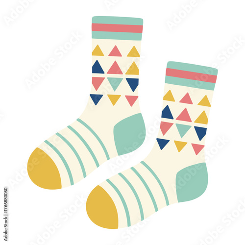 Pair of socks featuring a colorful geometric pattern of triangles and stripes.