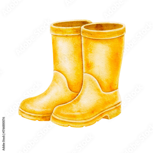 yellow rubber boots. Watercolor illustration. Suitable for printing greeting cards, decorative ornaments and prints. Clipart. Isolated image