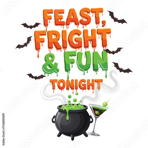 Halloween feast fright and fun tonight with bubbling cauldron and martini glass