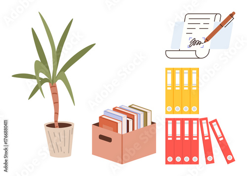 Potted green plant, box of books, colorful file folders, and a signed document. Ideal for office setup, productivity, organization, record-keeping, workspace decor document signing workflow