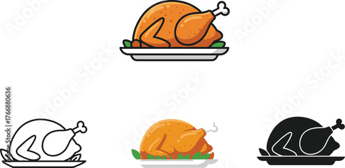 Roasted turkey illustration set with garnish, holiday feast food icon collection, Thanksgiving dinner design elements, cad drawing flat vector illustration