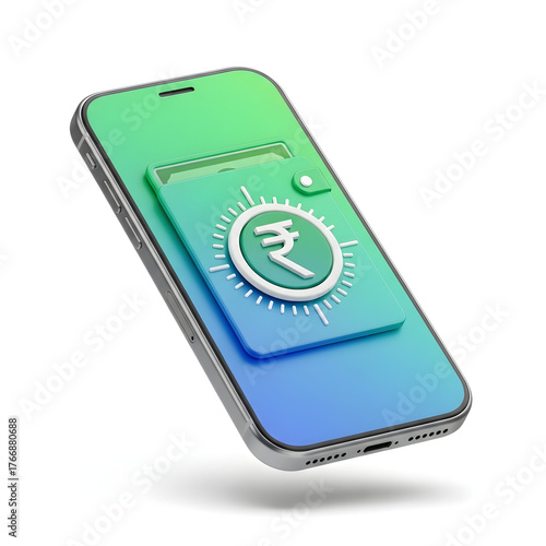 3d illustration of a smartphone with a digital wallet and indian rupee symbol isolated on white background