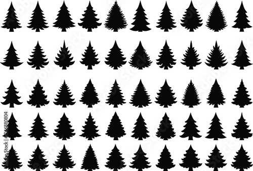 Pine tree silhouette collection, evergreen forest vector set, woodland conifer design, decorative nature artwork, black botanical symbol, flat cad illustration