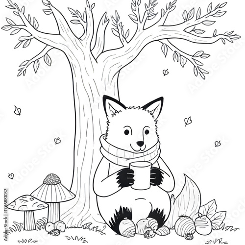 imple Fox Doodle Outline. Cute Autumn Animal Character Drinking Hot Beverage Under Tree with Berries and Mushrooms Vector. 