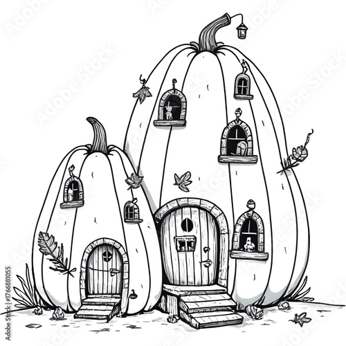 Cute Fantasy Pumpkin House Outline Doodle. Fairy Tale Cottage in the Fall Season Vector Illustration.