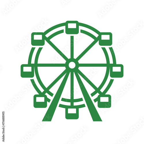 Ferris wheel icon in green on white for themes of amusement, summer fun, and city attractions