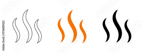 Various stylized smoke plumes in line art, orange fill and black silhouette forms against a white background