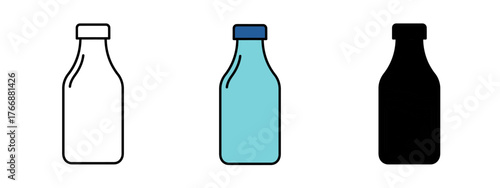 Milk bottles in outline, color and solid fill style over white, indicating freshness
