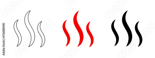 Stylized Set of Flame Graphics with Outline, Solid Red and Solid Black Isolated on White