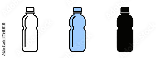 Three Water Bottle Icons in Black, Blue, and Line Art on a White Background