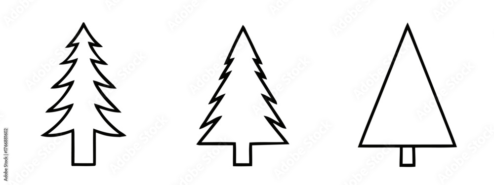 Fototapeta premium Three black outline Christmas trees of varying styles in a row on a white background
