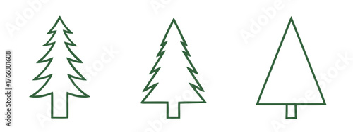Three simple evergreen tree outlines of varying shapes isolated on a white backdrop