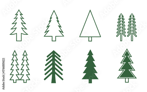 Evergreen Trees in Multiple Outline and Solid Styles Isolated on White Background
