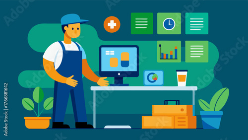A farmer using a digital platform to track inventory levels and create automatic purchase orders for necessary tools and supplies.. Vector illustration