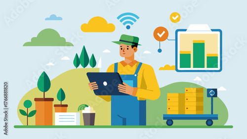 A farmer utilizing smart technology to track and analyze the amount of waste produced on their farm finding ways to reduce and manage it effectively.. Vector illustration