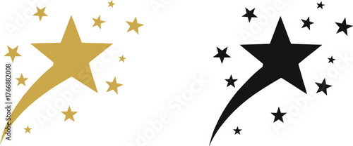 Shooting star illustration with curved tail, celestial night sky icon, decorative festive design element, aspiration celebration symbol, cad drawing flat vector illustration