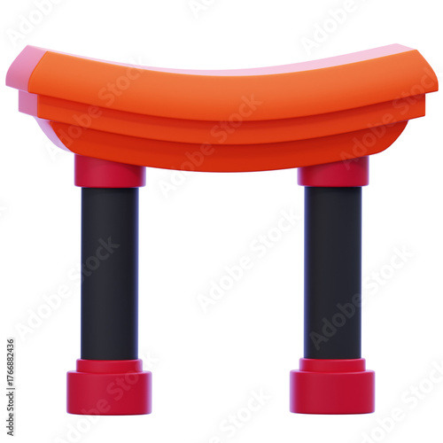 A minimalist 3D rendering of a vibrant orange torii gate with black pillars and red accents, isolated on a clean white background, symbolizing tradition and spirituality