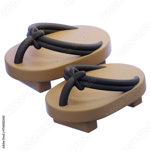 3D illustration of a pair of traditional Japanese wooden sandals, also known as geta. These iconic footwear elements are often worn with a kimono