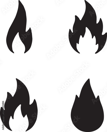 Set of Four Different Flame Icons in Black Silhouette for Fire Hazard Signs and Campfire Illustrations on Isolated Background