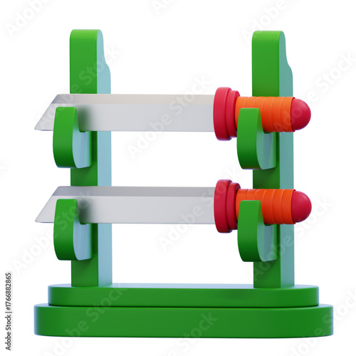 Stylized 3D render of fantasy swords with red hilts on green stand. Ideal game asset or UI icon for adventure, medieval, and role-playing themes, symbolizing power and readiness