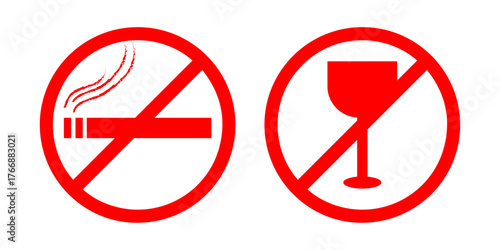 Prohibition signs or icon vector design showing smoking and alcohol forbidden. Clear, bold symbols perfect for safety posters, public areas, and warning designs.
