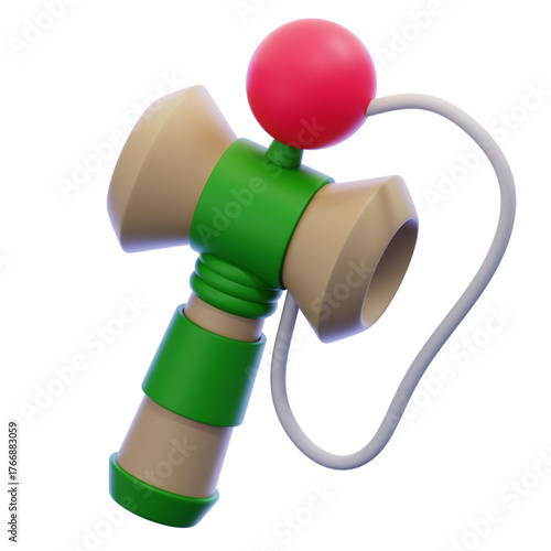 A realistic 3D illustration of a Japanese Kendama skill toy. This object represents a fun hobby, promoting focus, balance, and hand-eye coordination