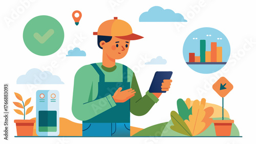 A farmer receiving realtime alerts on their phone when certain crops are reaching capacity in storage prompting them to adjust harvesting and storage plans.. Vector illustration