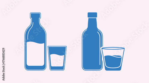 Icon of a bottle and a glass of water. Designed in line and silhouette style. Vector illustration.