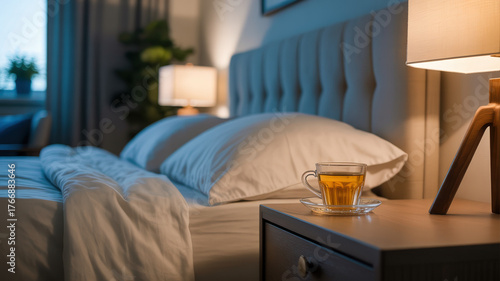 Cozy minimalist bedroom with warm light and tea, soft lamp light, cup of chamomile tea on nightstand symbolizing good sleep hygiene