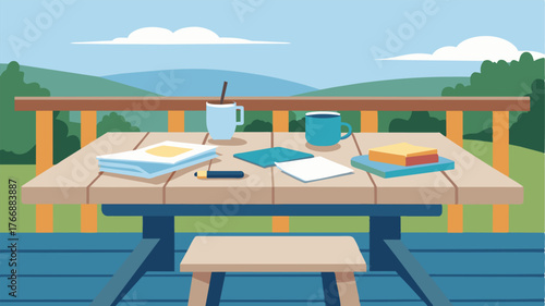A sy picnic table on the porch with a stack of paperwork and a cup of pencils for an outdoor work session.. Vector illustration