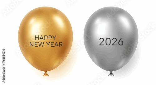 New year 2026 two balloons one gold with happy new year text and one silver with year 2026 text on white background