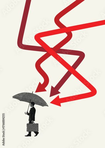 Halftone illustration of businessman with umbrella protecting from red arrows symbolizing financial crisis and risk management
