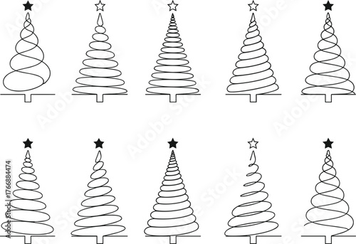 Stylized Christmas tree silhouette collection, spiral holiday decoration vector set, festive seasonal design, conical line art, black flat cad illustration