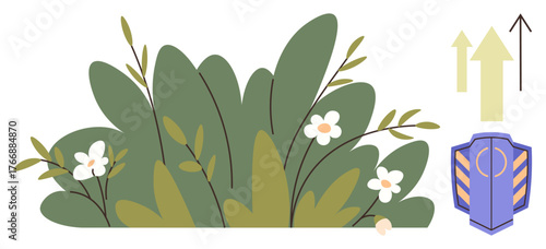 Dense green foliage with white flowers represents nature and growth. Upward arrows symbolize progress, while a shield highlights protection and security. Ideal for ecology, progress, growth