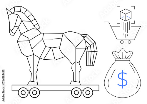 Geometric Trojan horse on wheels, a shopping cart with a digital cube, and a dollar bag. Ideal for cybersecurity, e-commerce fraud, online threats, financial risk, digital scams, hacking prevention