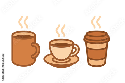 Steaming hot coffee mugs, teacups, and disposable takeaway containers set