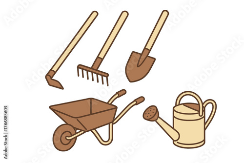 Collection of essential gardening tools including a wheelbarrow, shovel, rake, hoe, and watering can