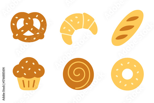 Flat style collection of sweet and savory bakery items and breakfast foods