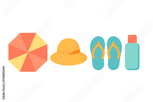 Summer beach accessories set with striped umbrella sun hat sandals and sunblock