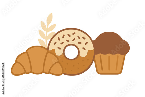 Croissant, glazed donut, and chocolate muffin assortment with decorative wheat stalks
