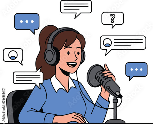 Female podcast host vector illustration with microphone setup, ideal for blogger, radio, or podcast branding, isolated PNG design
